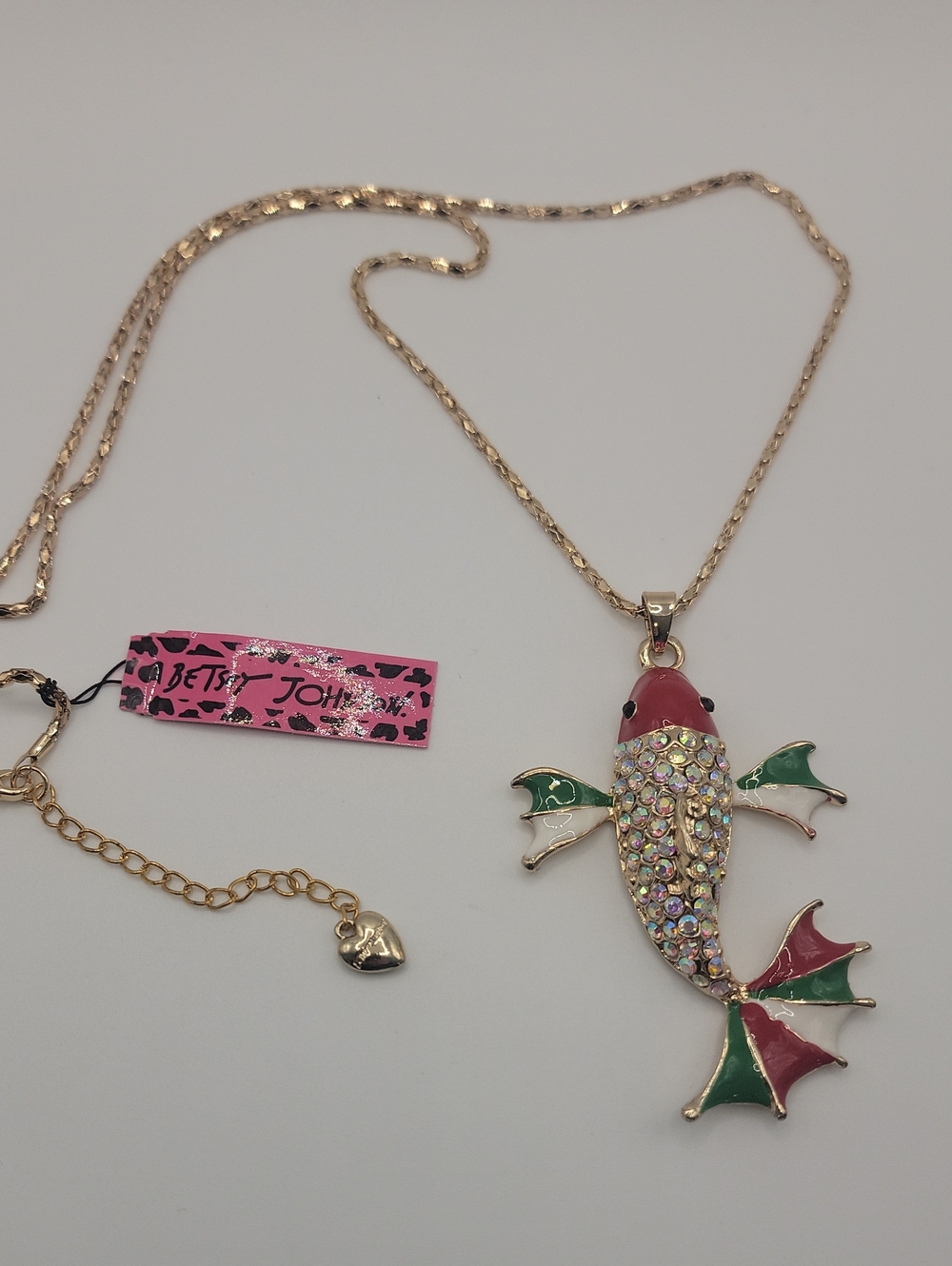 Betsey Johnson Pink & Green Koi Fish Pendant Necklace Gold Tone 28" Chain